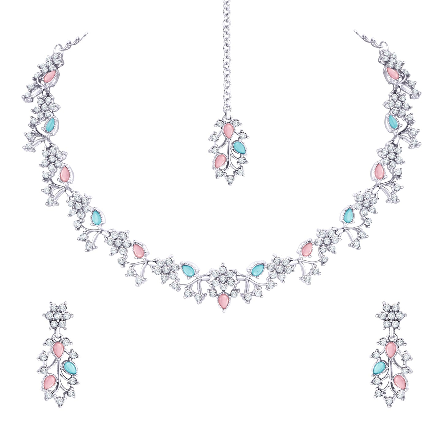 Atasi International American Diamond AD with Colorful Crystal Necklace Jewellery Set for Women/Girls | Perfect for Weddings, Parties & Festive Occasions